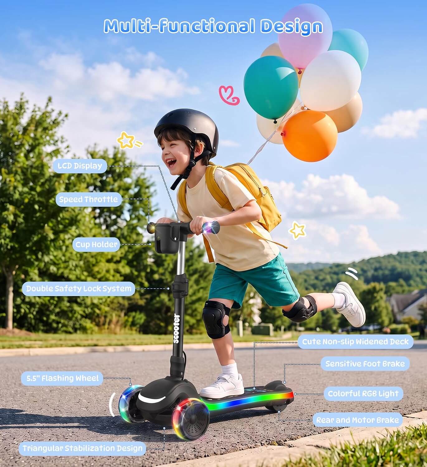 Zaprun B2 Kids' 3-Wheel Folding Electric Scooter