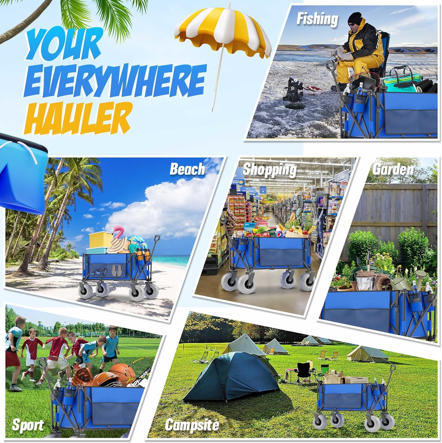 CAtArt 45" Heavy Duty Foldable Beach Wagon with Big Wheel for Sand