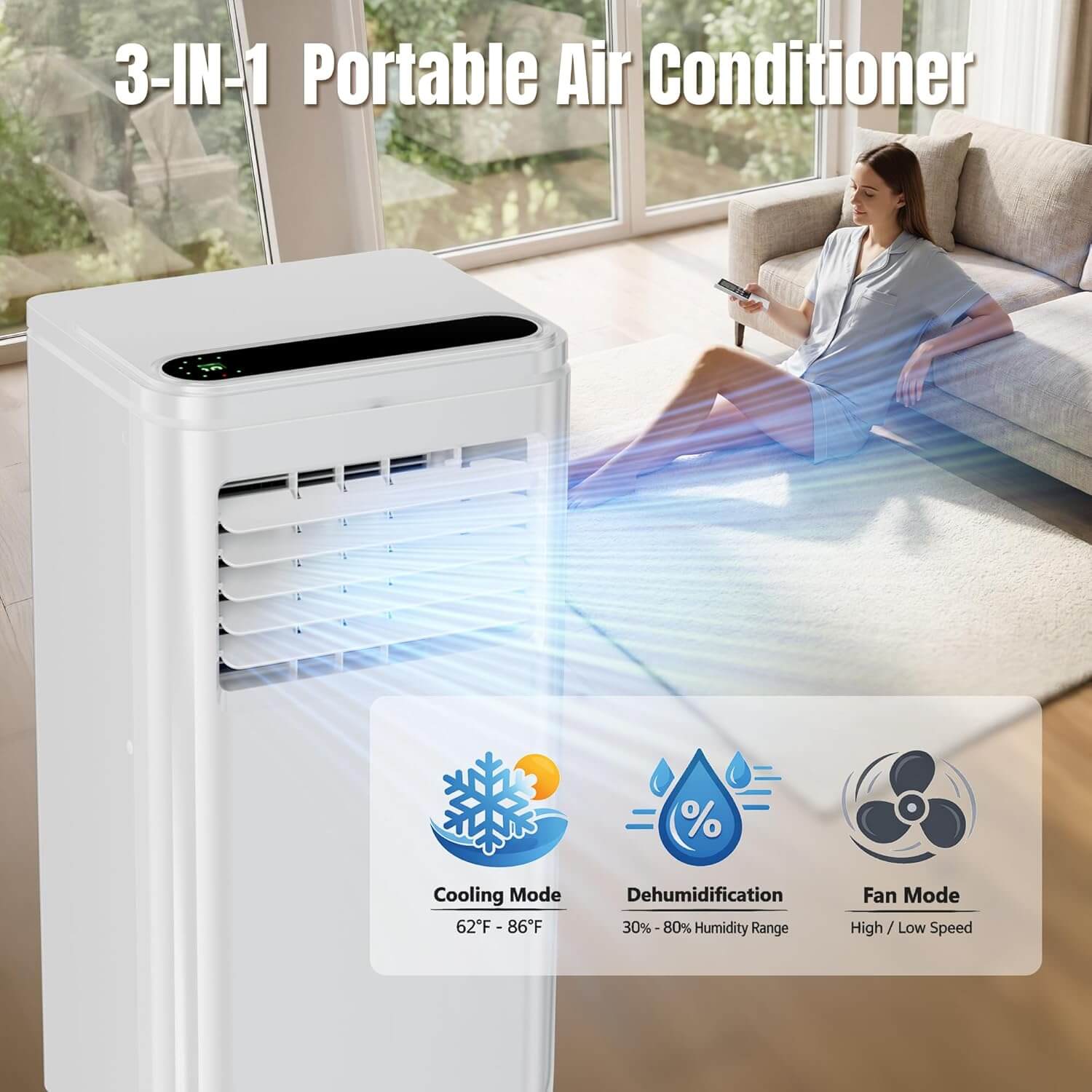 Akires 3-In-1 1000 BTU Portable Air Conditioner, Fan & Dehumidifier