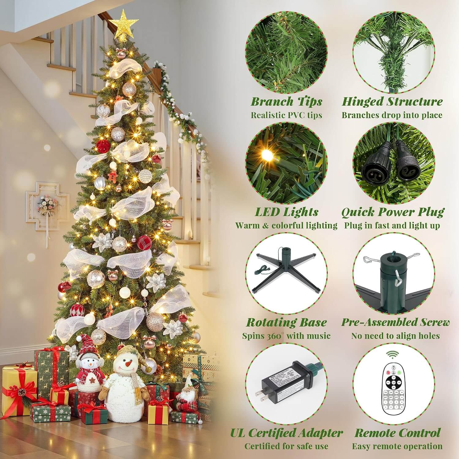 Bobkid SLIM PENCIL Pre-Lit LED Spinning Christmas Tree