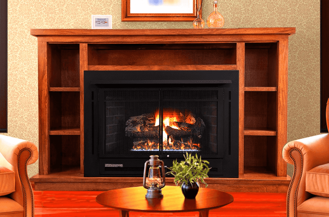 Buck MODEL 34ZC MANHATTAN Old Town Red Gas Fireplace, Weathered Gas Logs