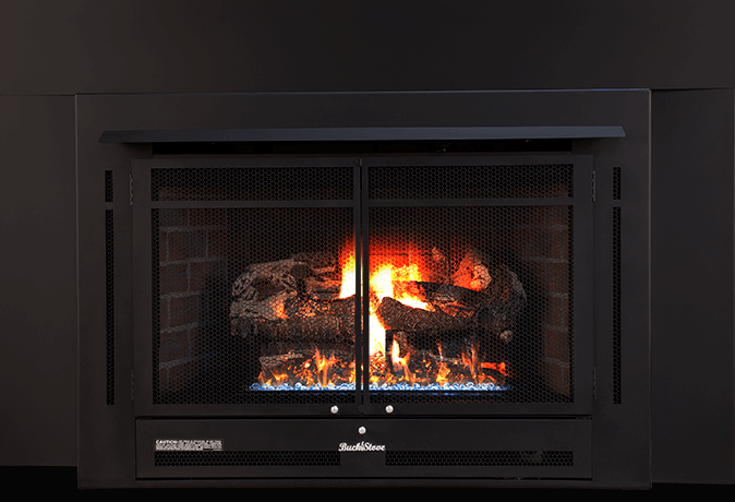 Buck MODEL 34ZC MANHATTAN Old Town Red Gas Fireplace, Weathered Gas Logs