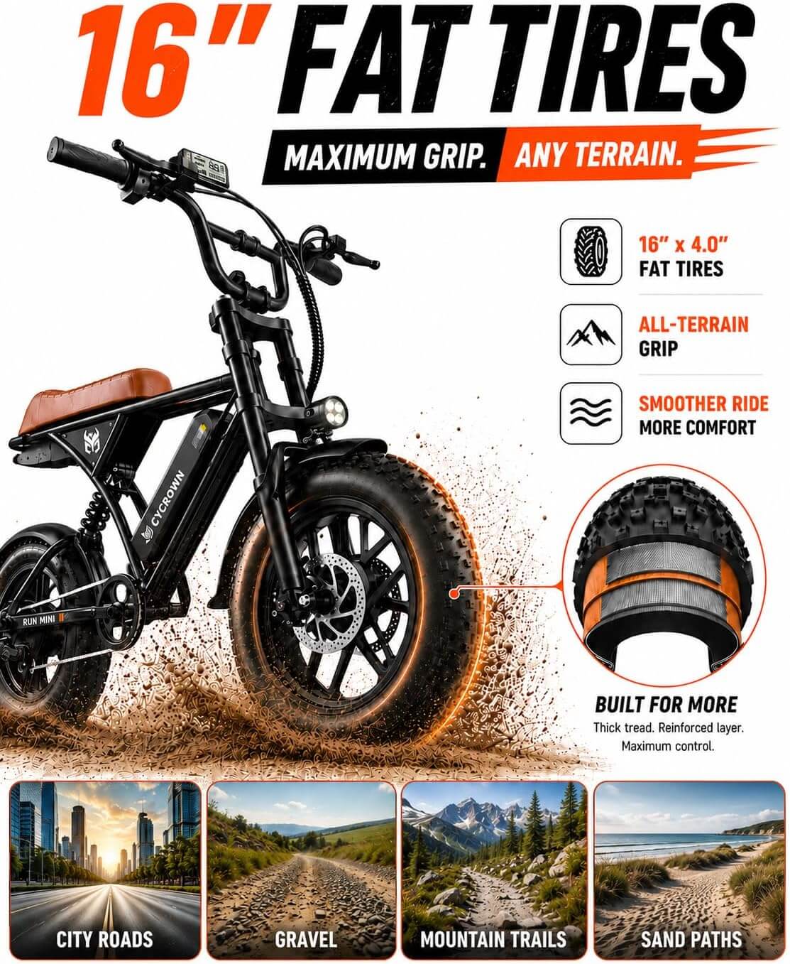 CYCROWN RUNMINI 750W 16" Fat Tire Electric Bike Moped