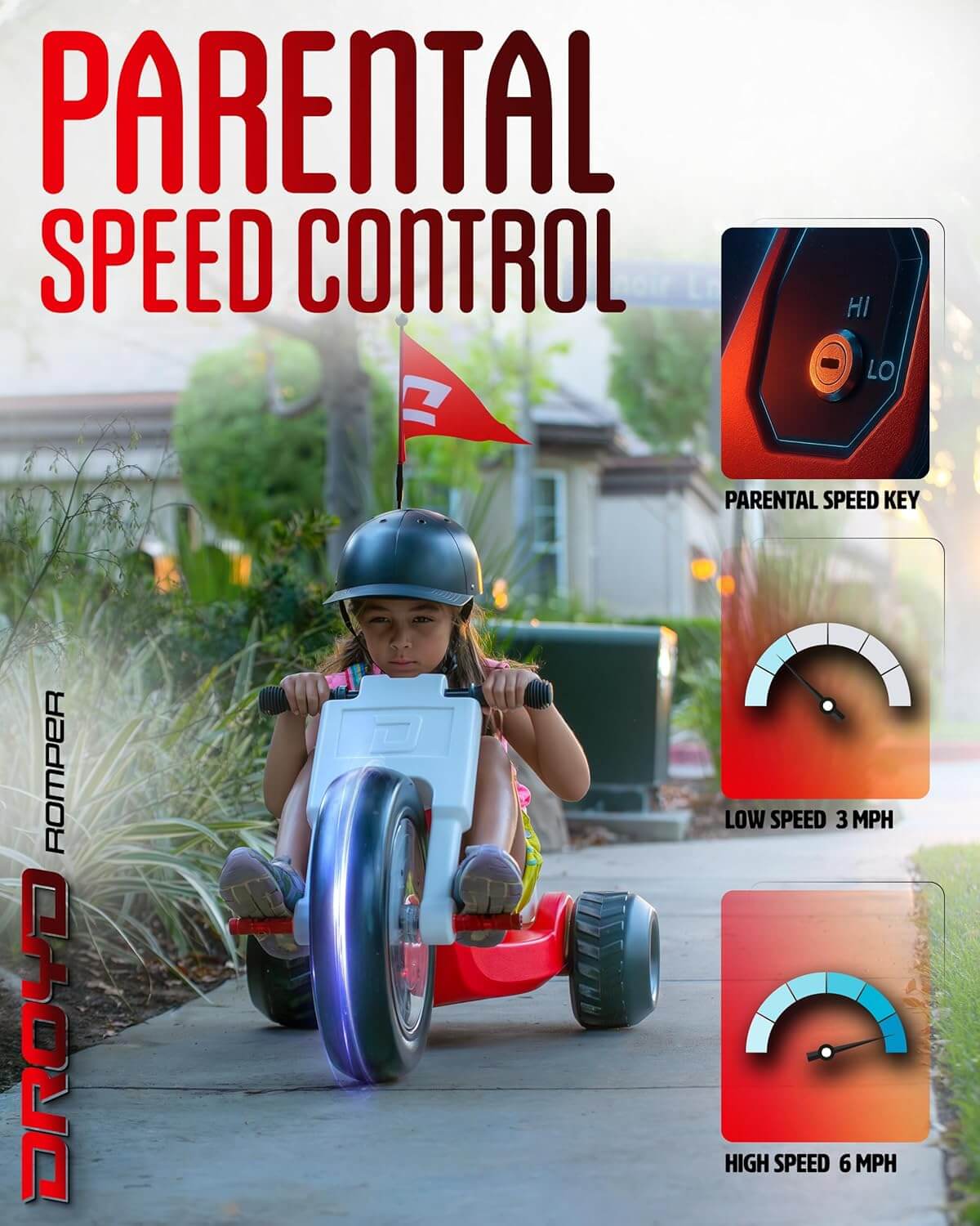 Droyd Romper Kids' Electric Tricycle, Parental Speed Control, LED Lights