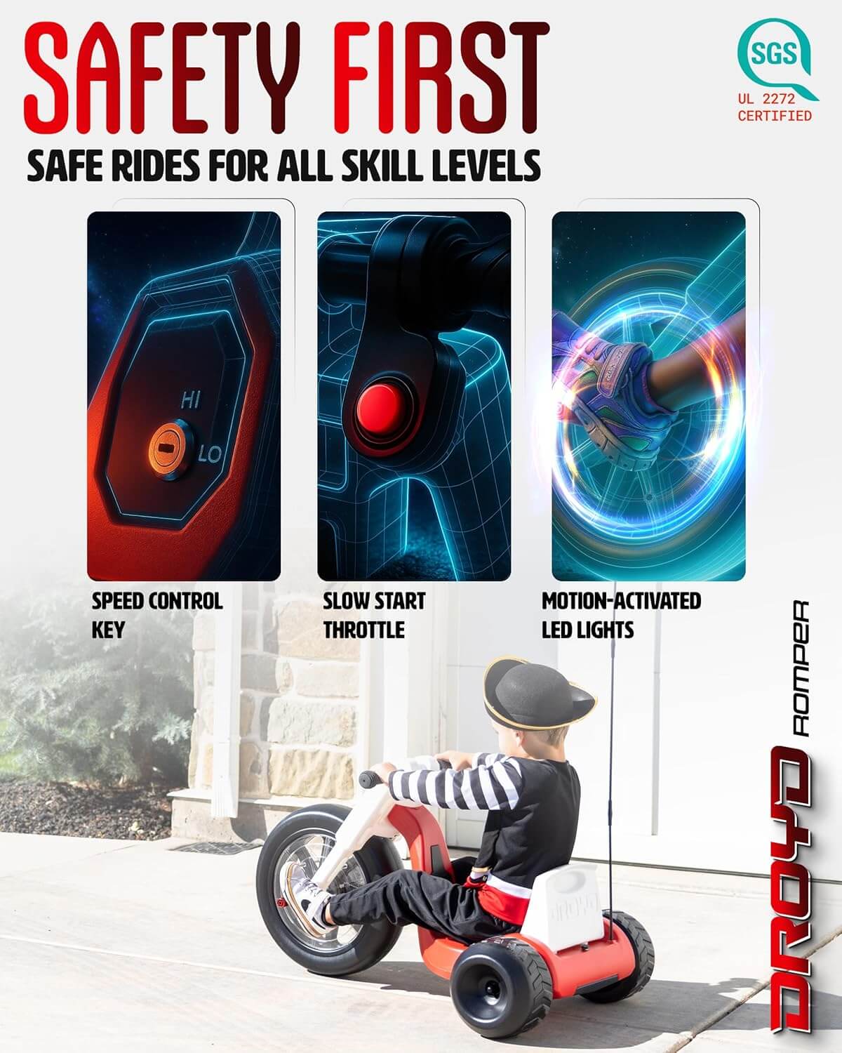 Droyd Romper Kids' Electric Tricycle, Parental Speed Control, LED Lights