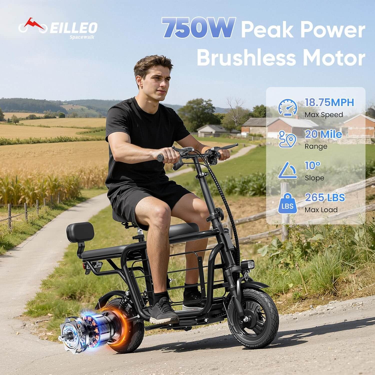 EILLEO US12 48V Electric Scooter, 3 Seats, Extra Cargo for Pets