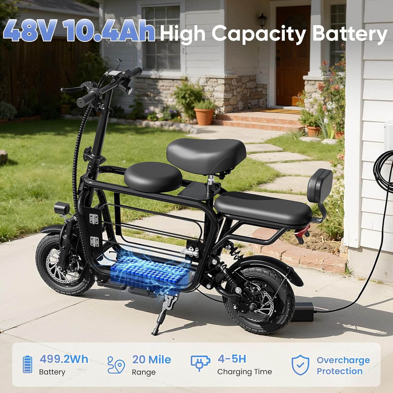 EILLEO US12 48V Electric Scooter, 3 Seats, Extra Cargo for Pets