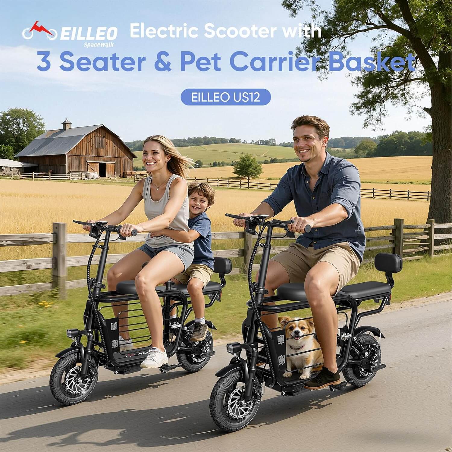 EILLEO US12 48V Electric Scooter, 3 Seats, Extra Cargo for Pets