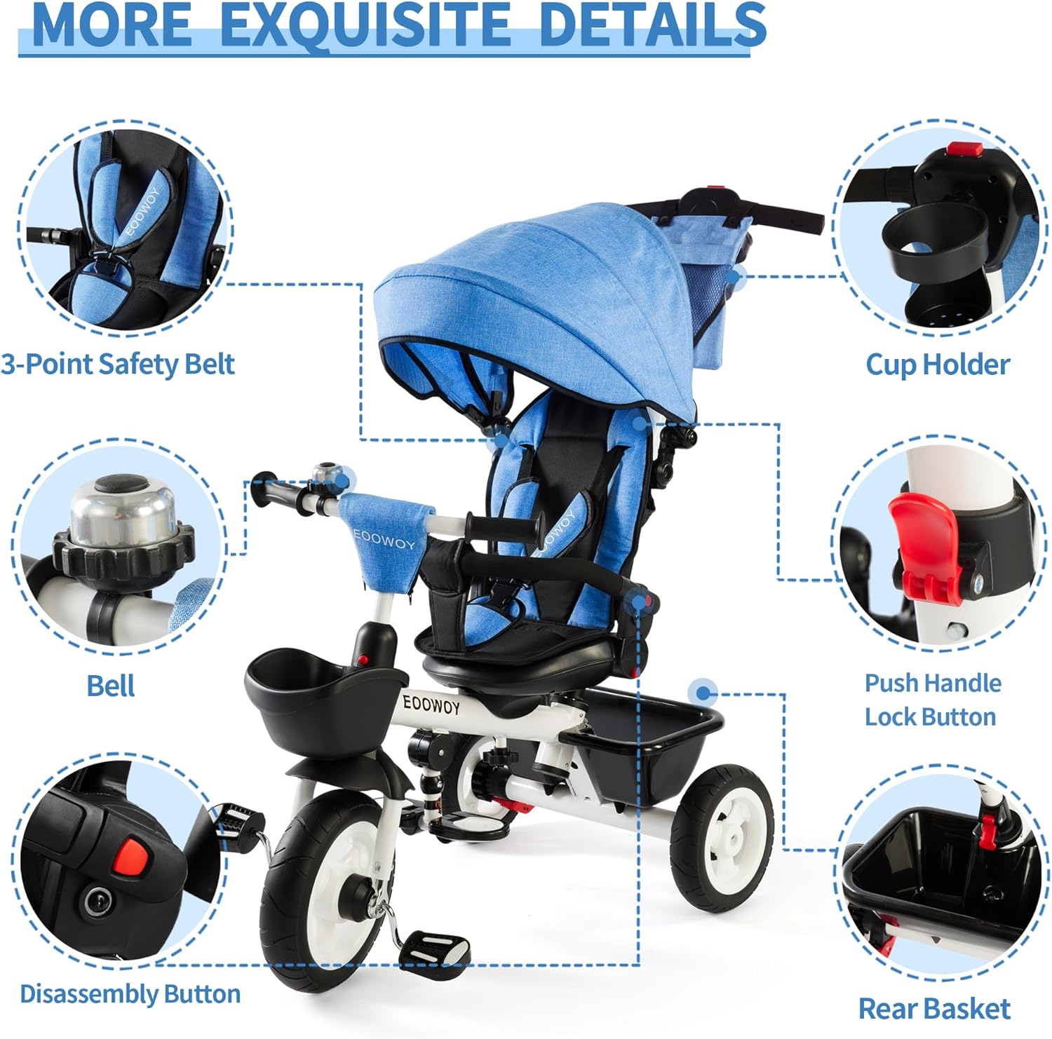EOOWOY 6-In-1 Kids' Baby Tricycle, Canopy & Storage, Dual Brakes