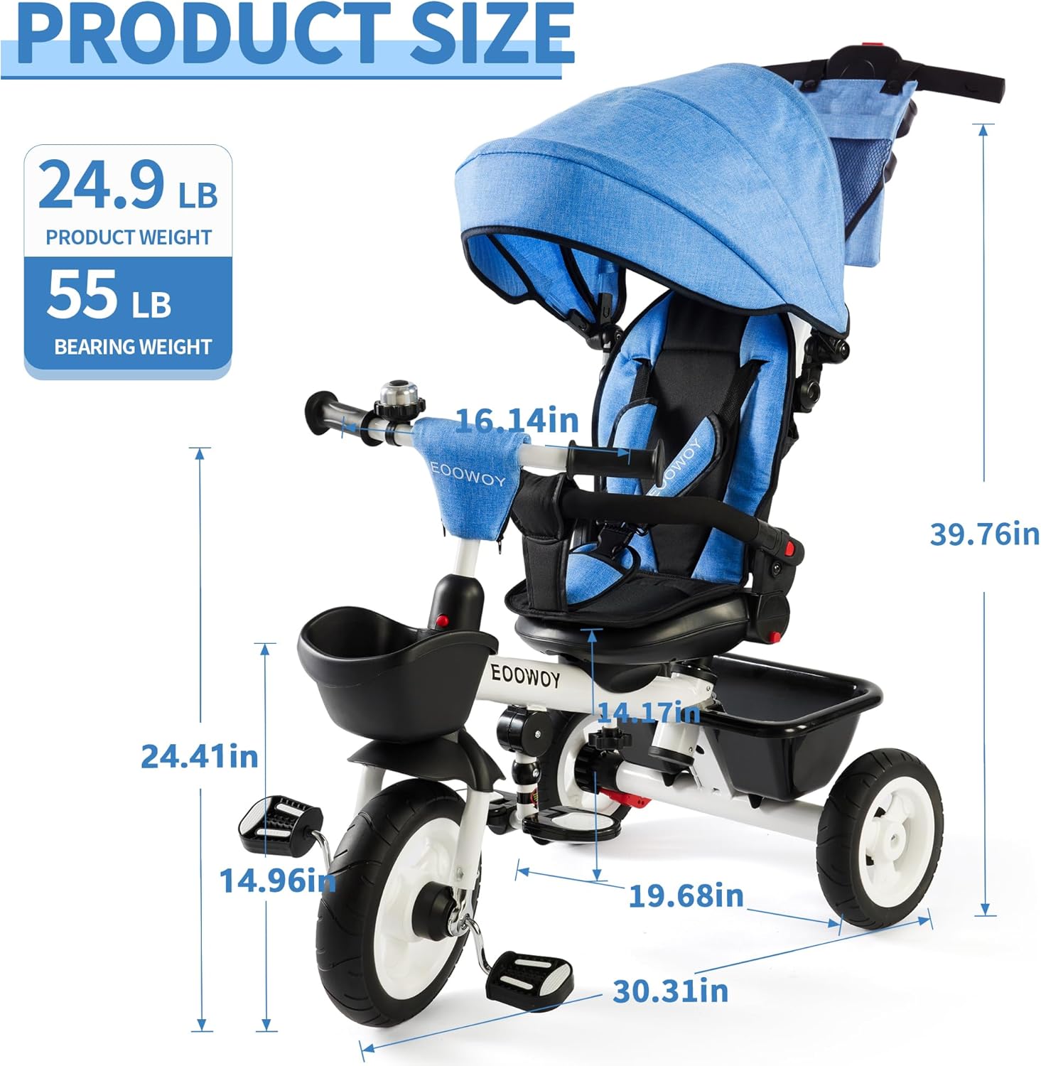EOOWOY 6-In-1 Kids' Baby Tricycle, Canopy & Storage, Dual Brakes