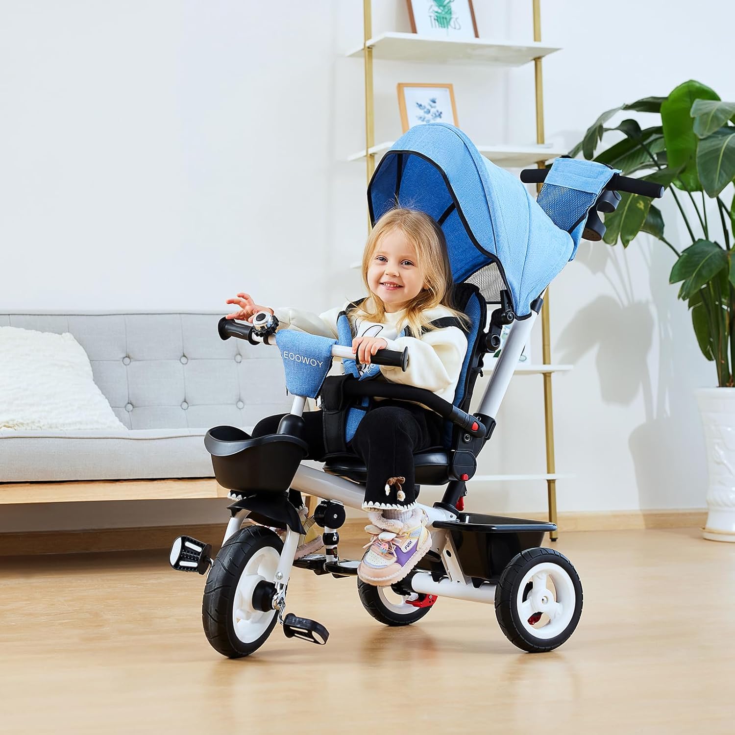 EOOWOY 6-In-1 Kids' Baby Tricycle, Canopy & Storage, Dual Brakes