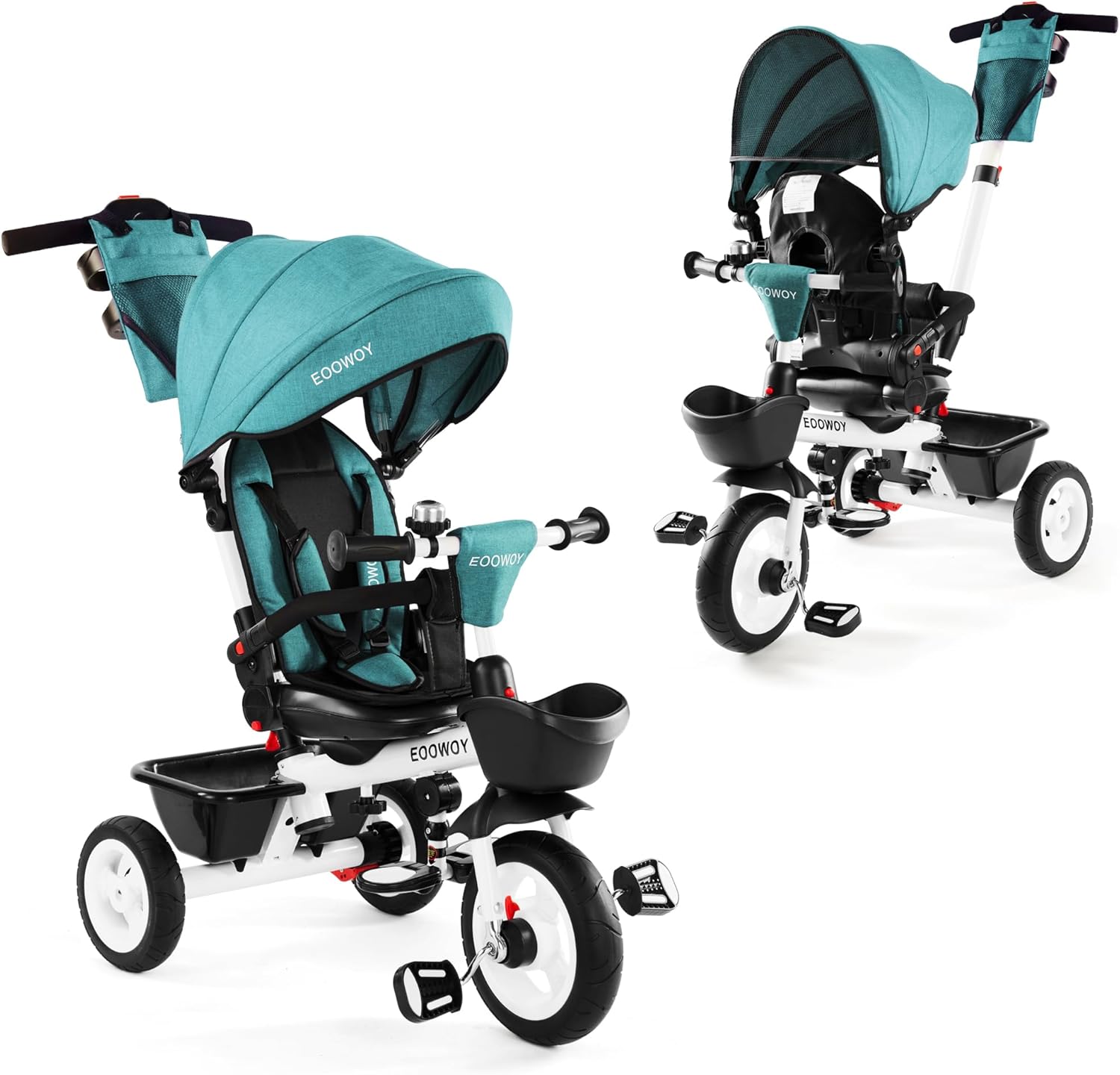 EOOWOY 6-In-1 Kids' Baby Tricycle, Canopy & Storage, Dual Brakes