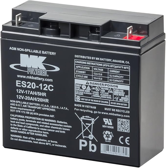 EV Rider Replacement 12V 20Ah SLA BATTERY for Electric Scooters MK-ES20-12C