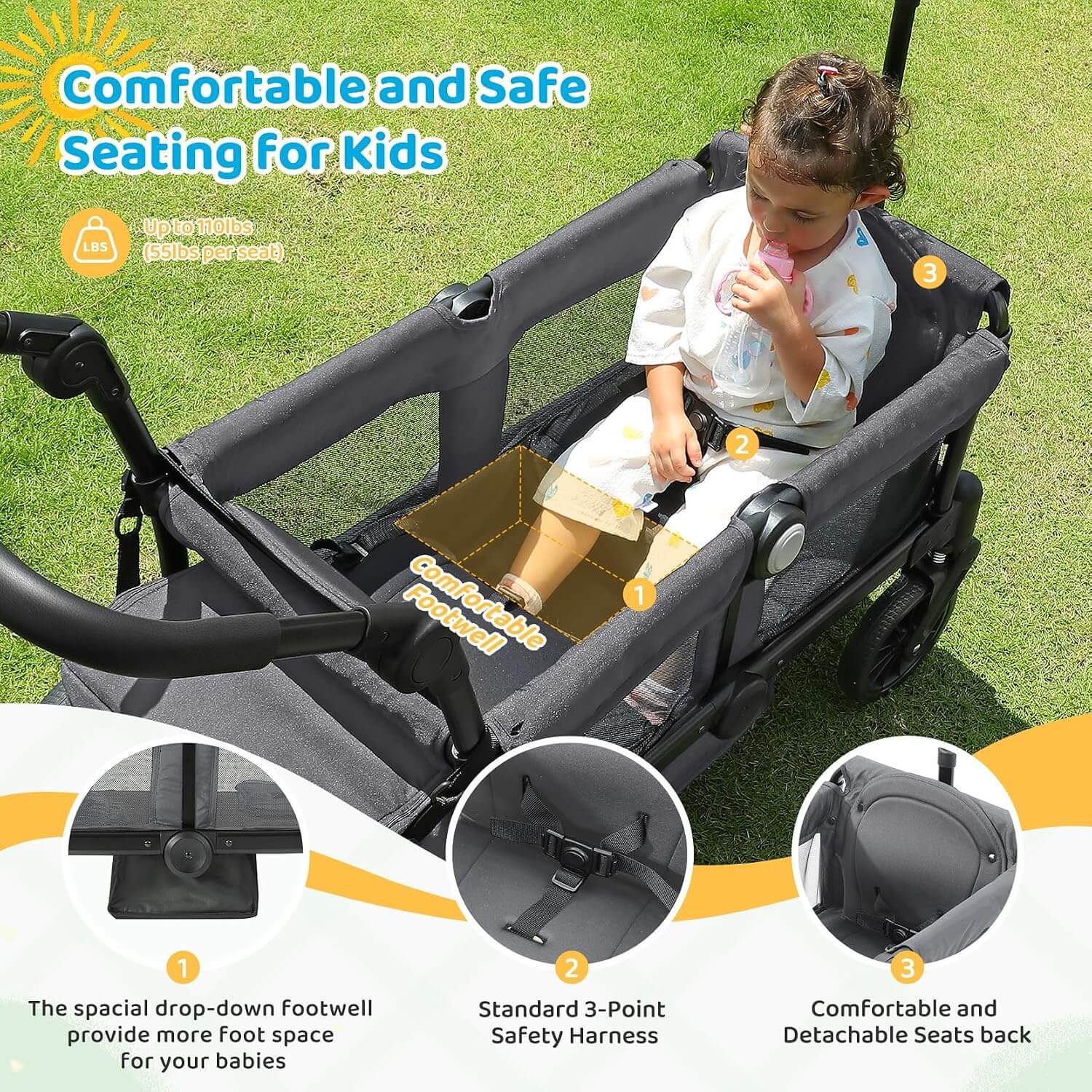 Elemara All-Terrain Foldable 2 Seater Wagon Stroller with Canopy