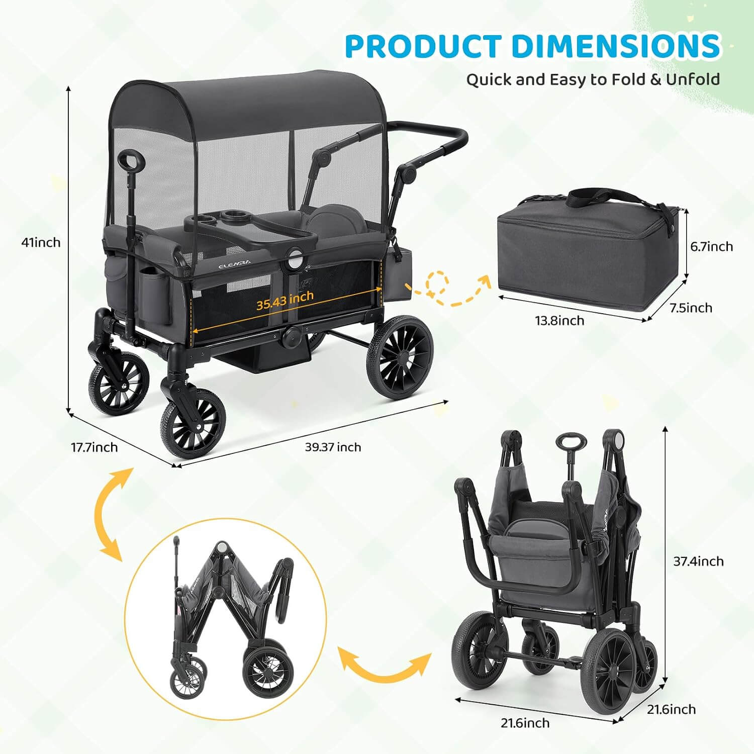 Elemara All-Terrain Foldable 2 Seater Wagon Stroller with Canopy