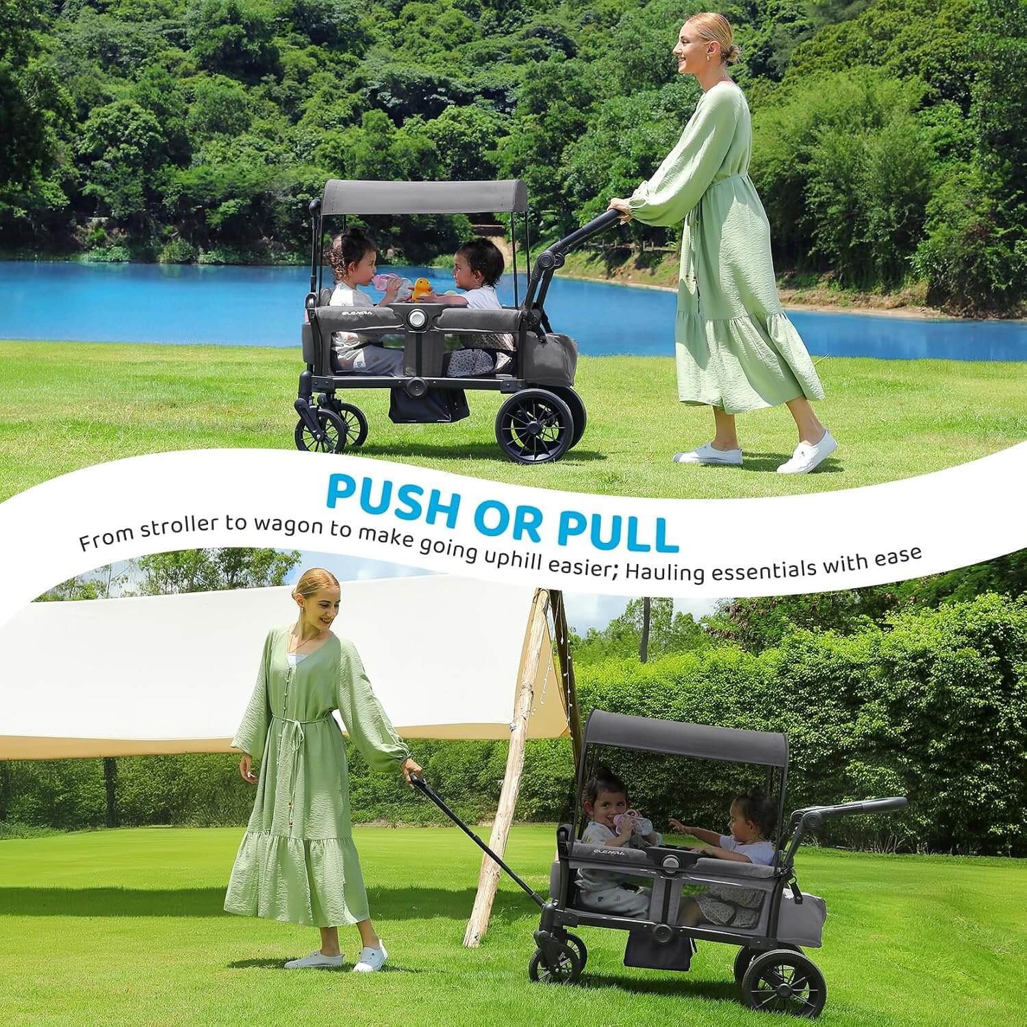 Elemara All-Terrain Foldable 2 Seater Wagon Stroller with Canopy