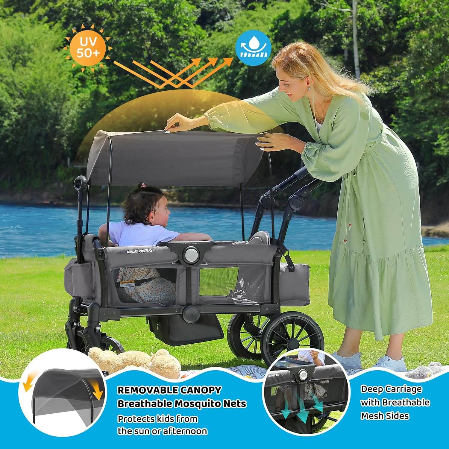 Elemara All-Terrain Foldable 2 Seater Wagon Stroller with Canopy