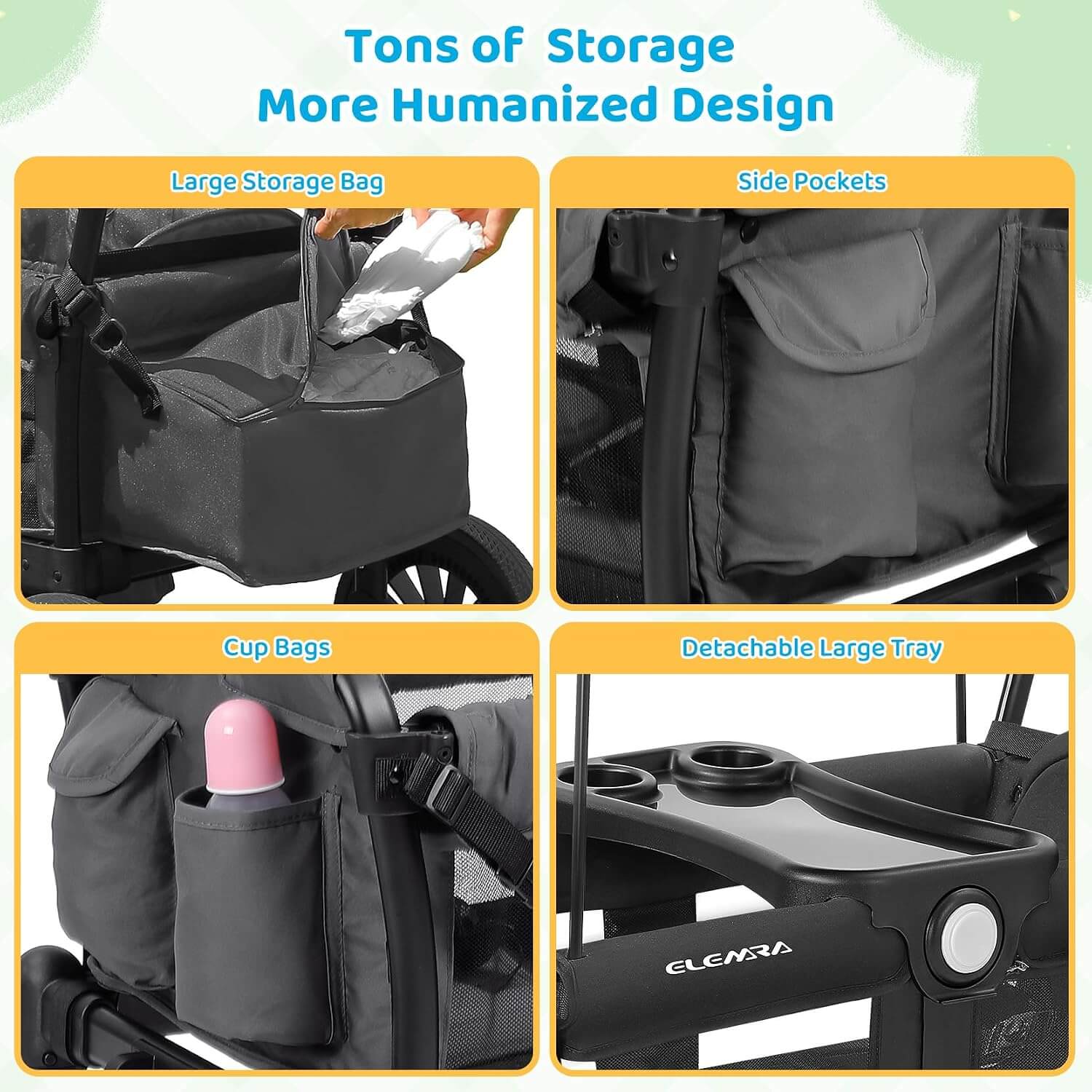 Elemara All-Terrain Foldable 2 Seater Wagon Stroller with Canopy