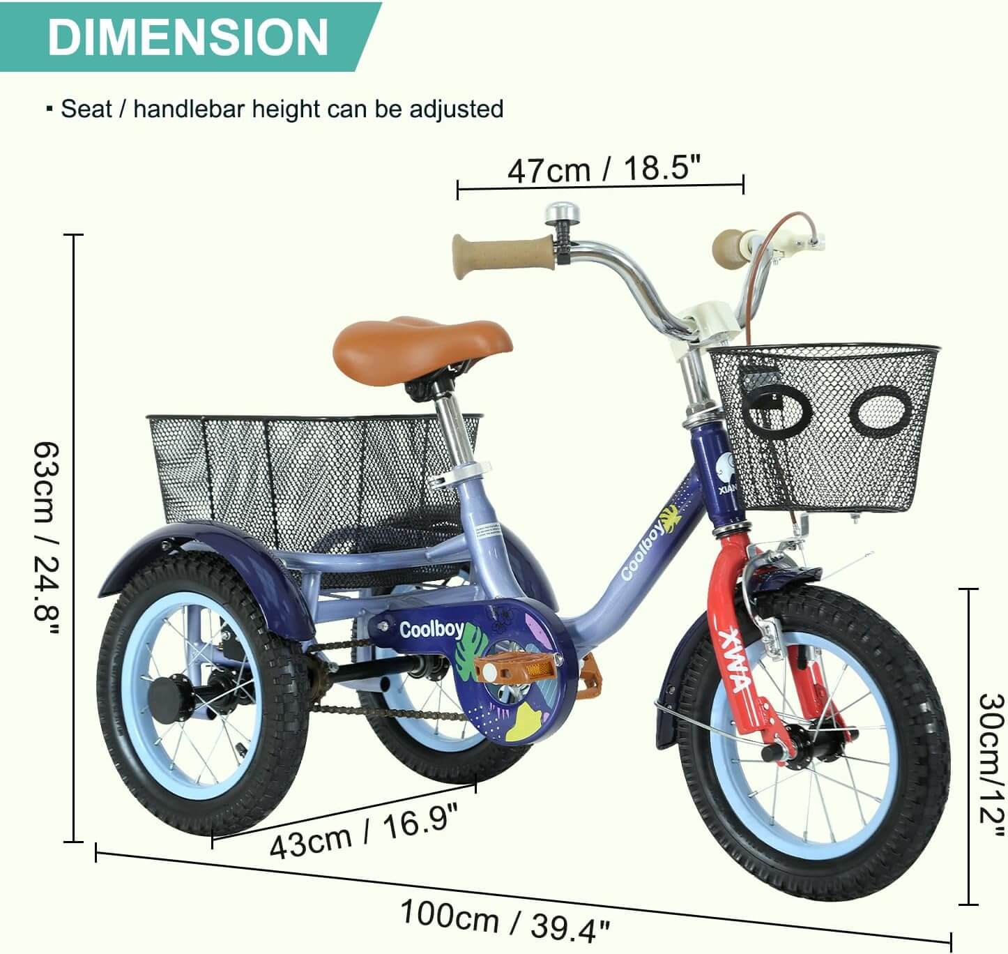 Empylynzar Adjustable Kids' Tricycle, Storage Baskets