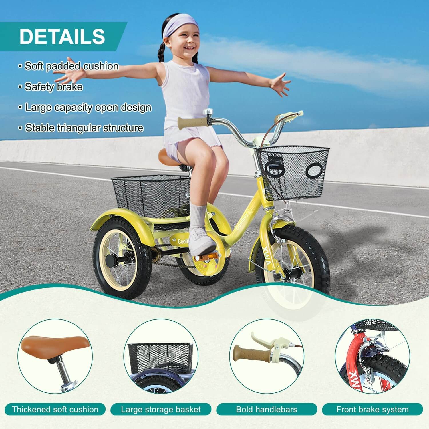 Empylynzar Adjustable Kids' Tricycle, Storage Baskets