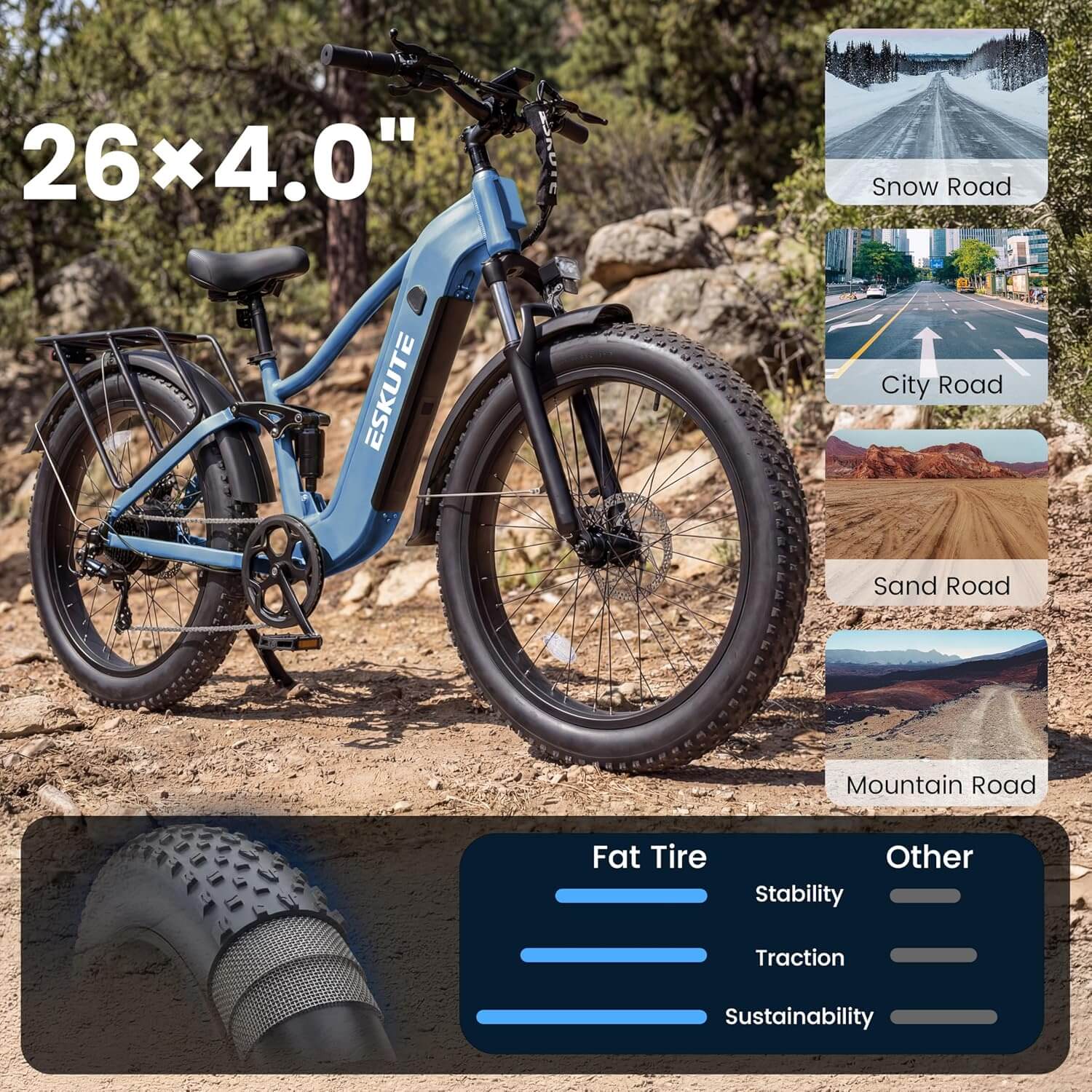 Eskute C300R-SO 1800W 48V 8 Speed Fat Tire Electric Mountain Bike