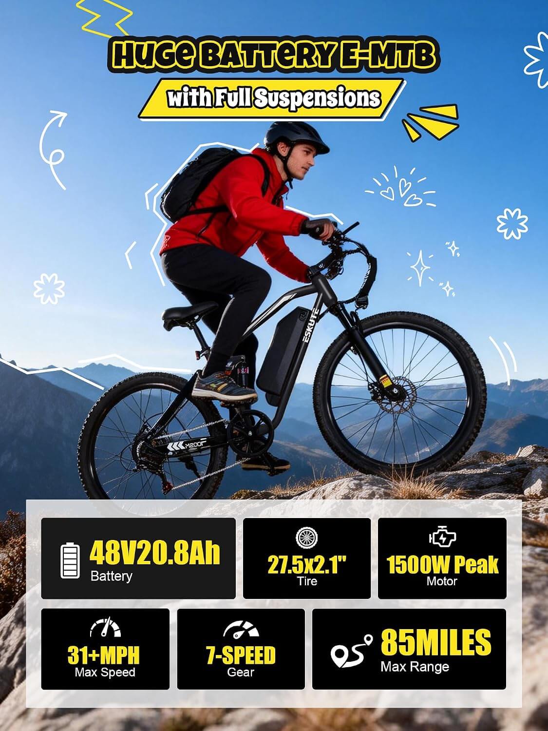 Eskute M200F 1500W 48V 7 Speed Suspension Electric Mountain Bike