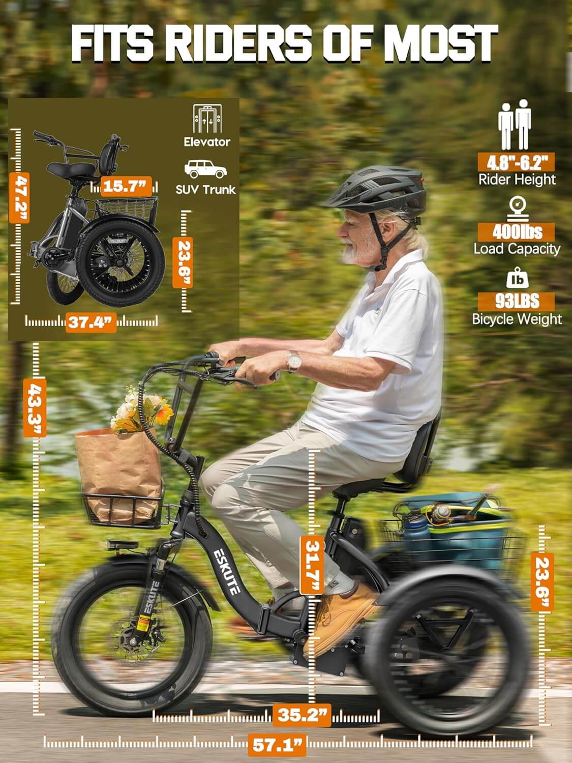Eskute T300 PLUS 1200W Folding Fat Tire Electric Trike