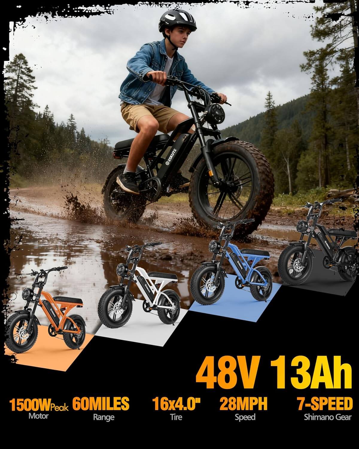 Eskute V100 1500W 48V Kids' 7 Speed Fat Tire Electric Dirt Bike