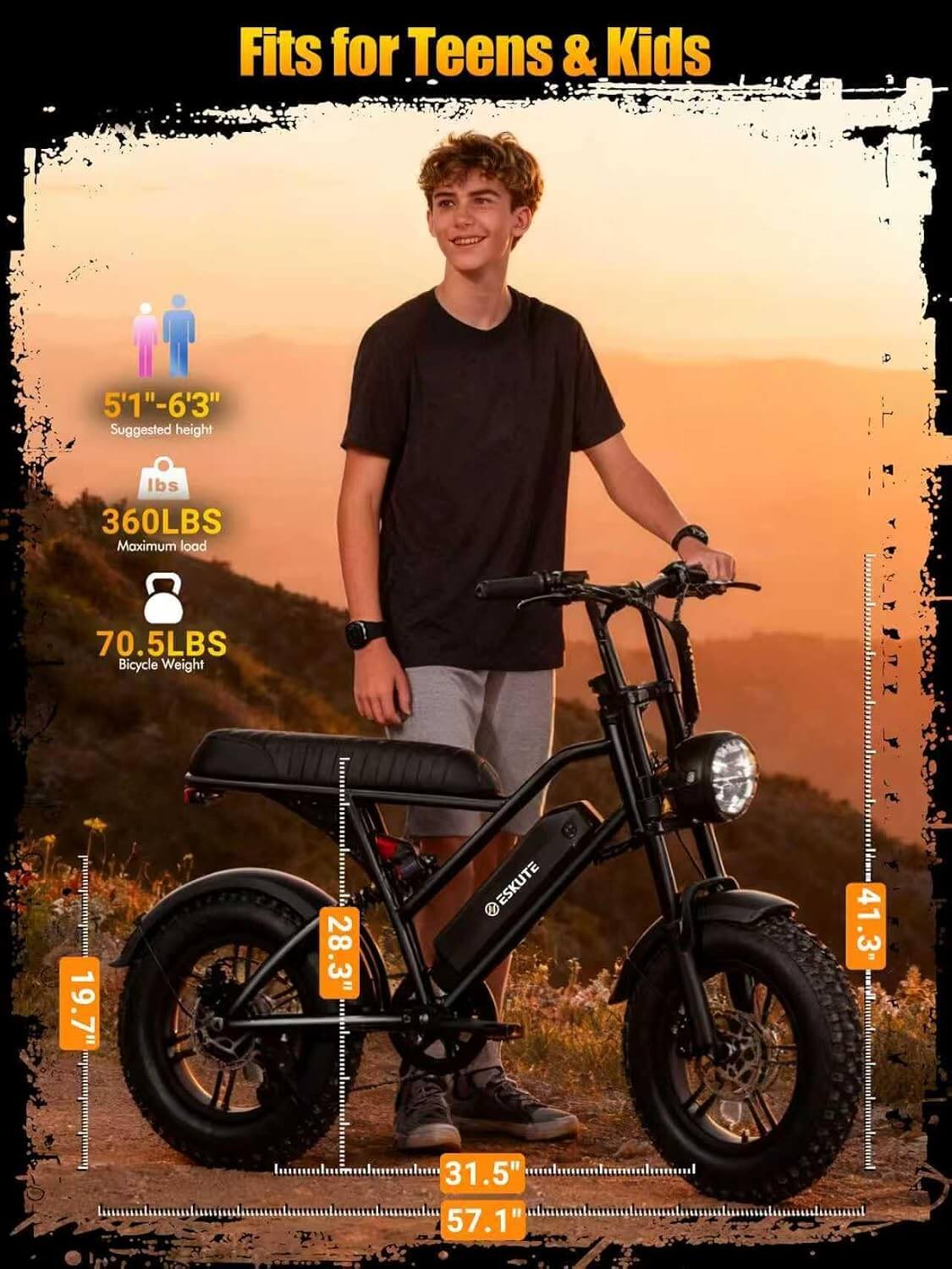 Eskute V100 1500W 48V Kids' 7 Speed Fat Tire Electric Dirt Bike