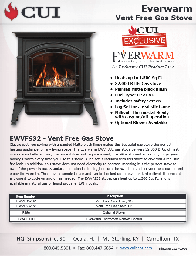 Everwarm EWVFS32 Vent-Free Gas Stove, On/Off Millivolt Control, Log Set