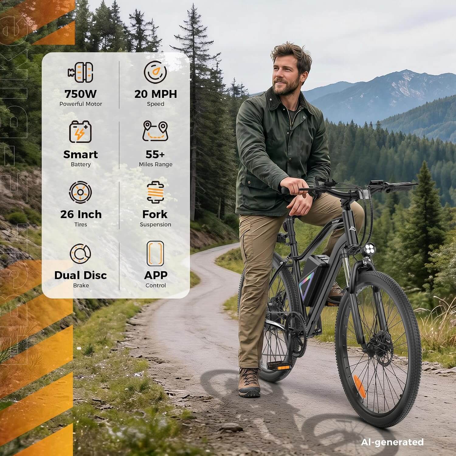 Fcgeoi EB3L 750W Electric Bike for Adults, 55-Mile Range, 26" Tires, APP Control
