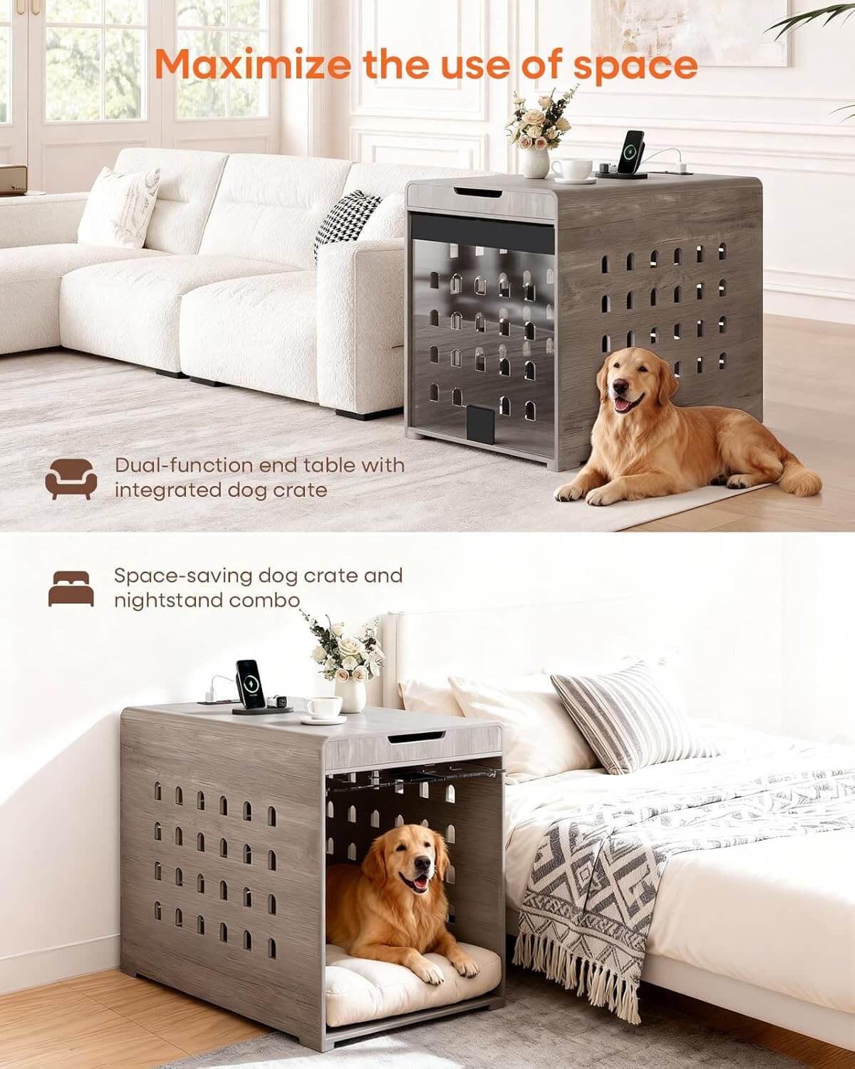 GOUUN Dog Crate Furniture with Charging Station