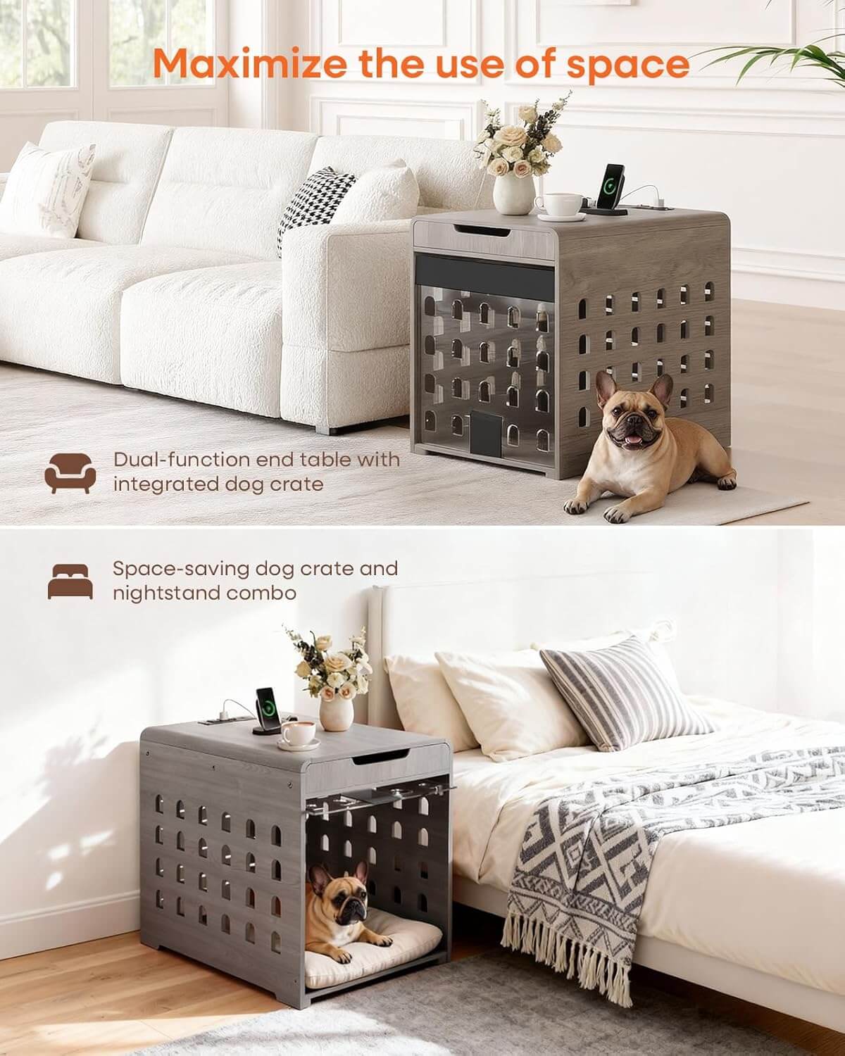 GOUUN Dog Crate Furniture with Charging Station