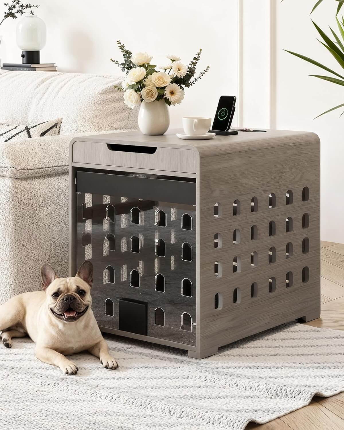 GOUUN Dog Crate Furniture with Charging Station