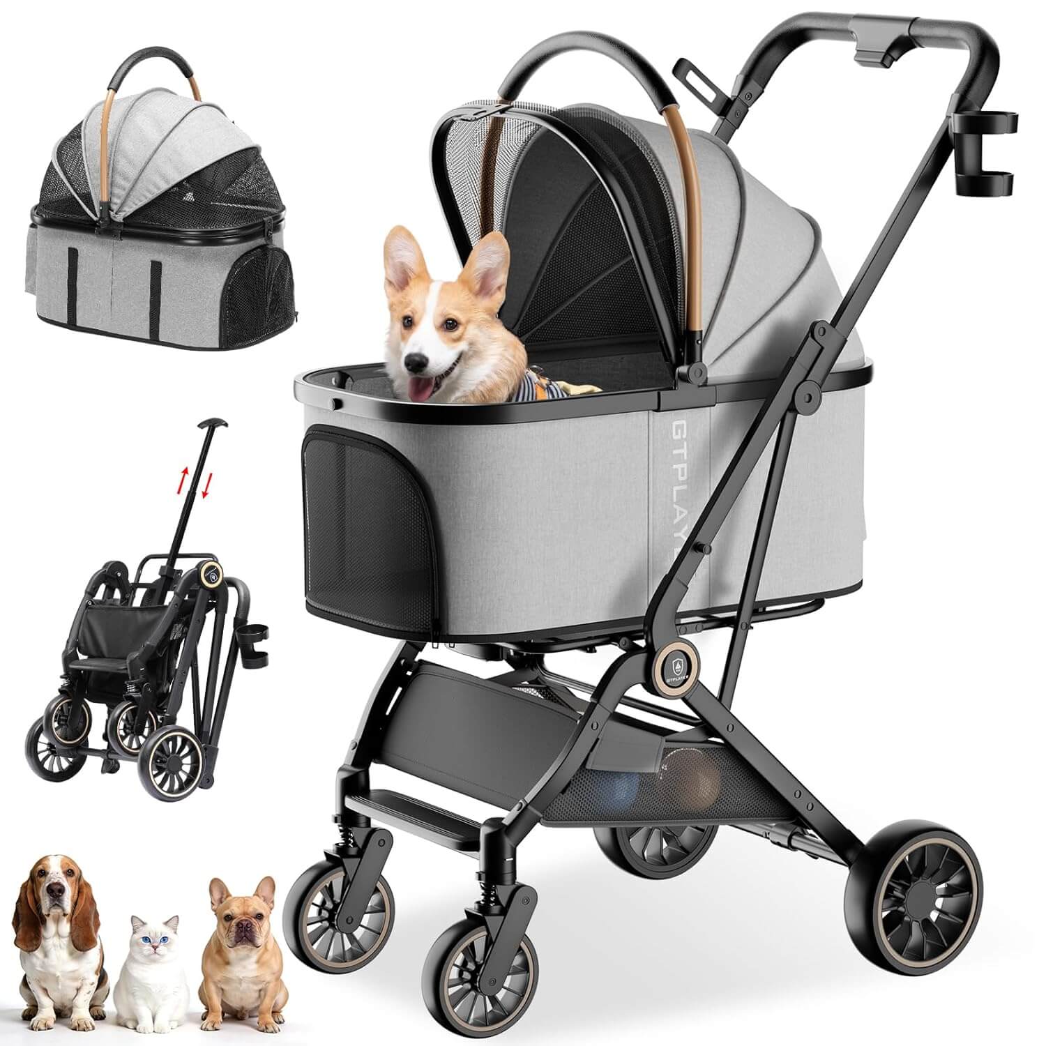GTPLAYER 3-in-1 Foldable Pet Stroller for Cats and Dogs, Detachable Carrier