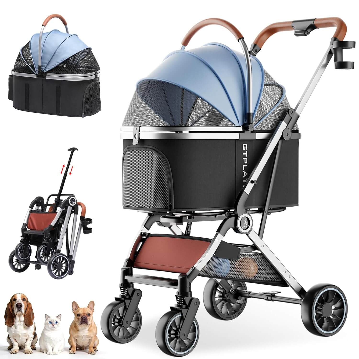 GTPLAYER 3-in-1 Foldable Pet Stroller for Cats and Dogs, Detachable Carrier