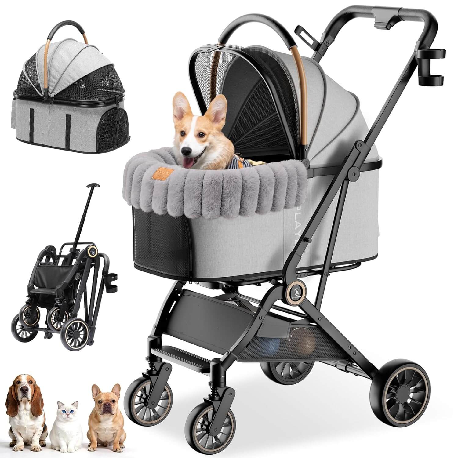 GTPLAYER 3-in-1 Foldable Pet Stroller for Cats and Dogs, Detachable Carrier