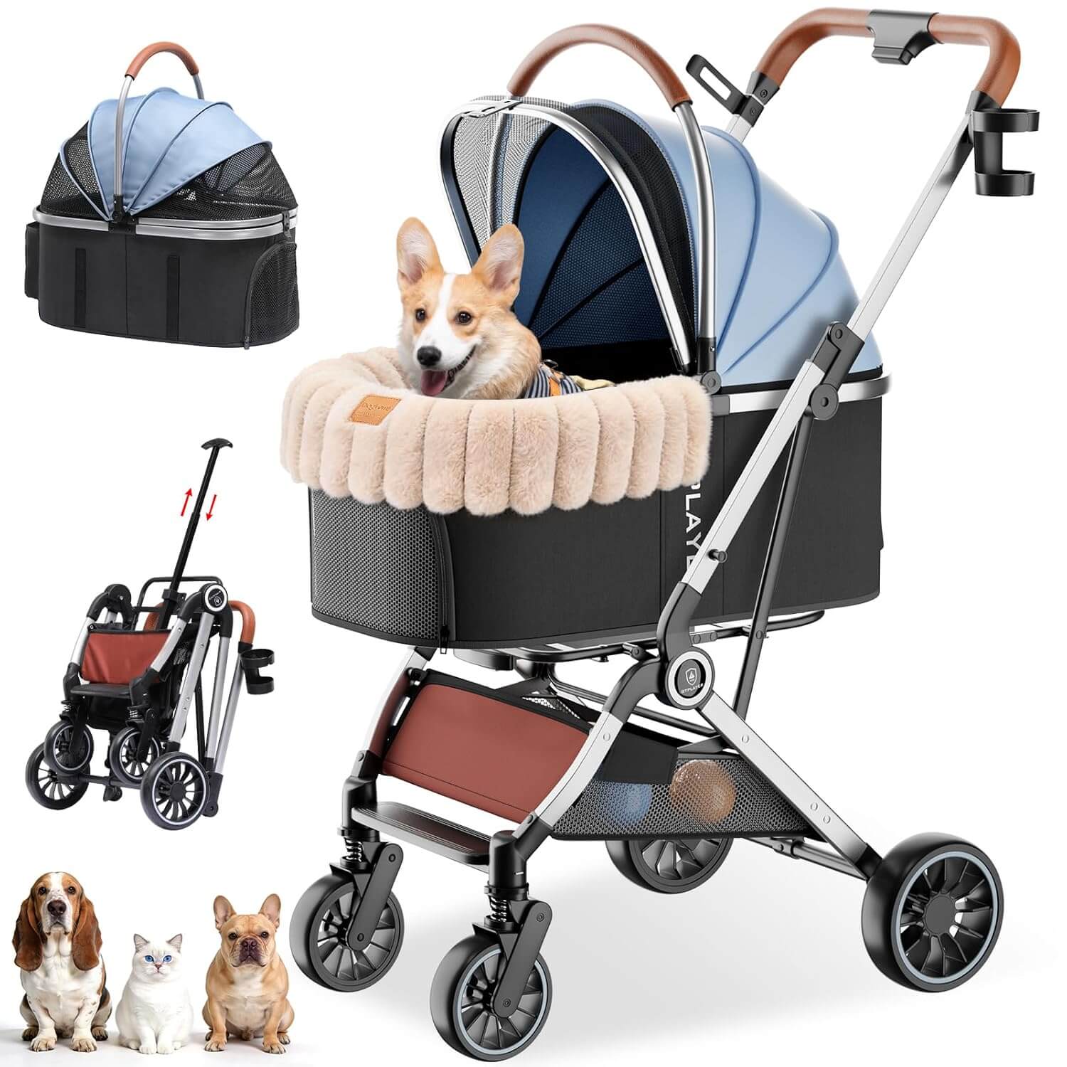 GTPLAYER 3-in-1 Foldable Pet Stroller for Cats and Dogs, Detachable Carrier