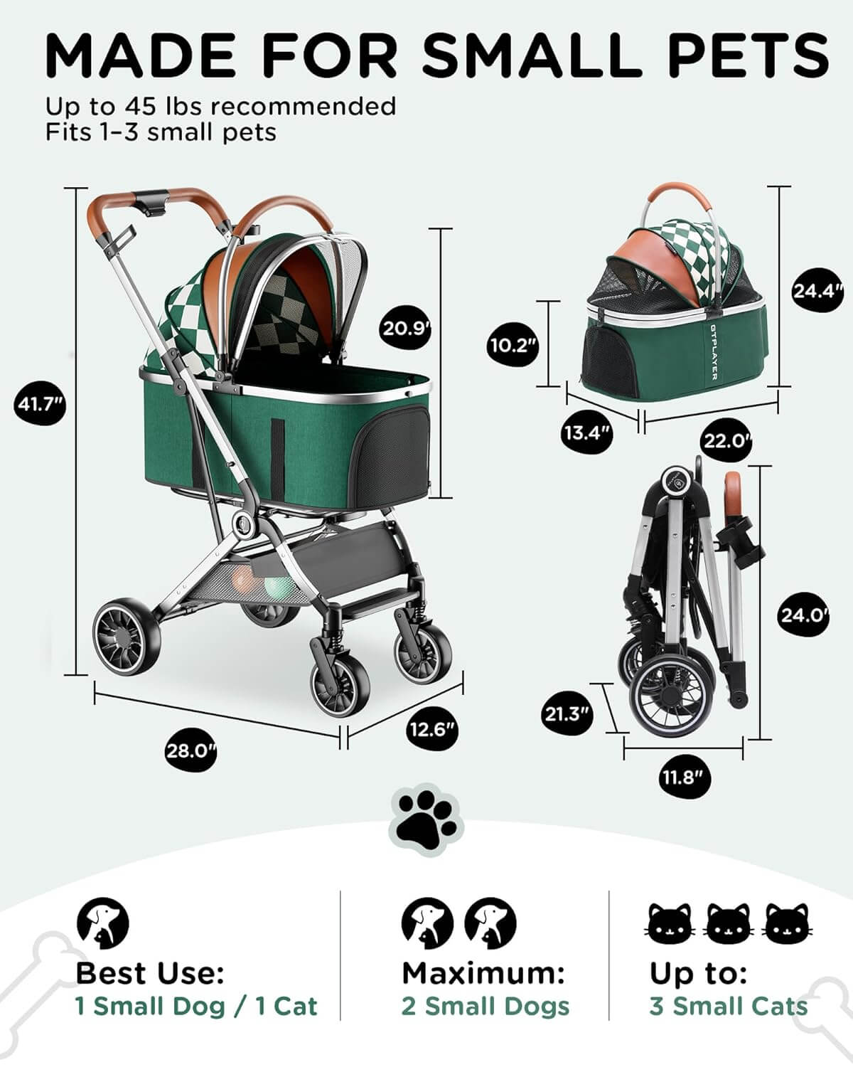 GTPLAYER 3-in-1 Foldable Pet Stroller for Cats and Dogs, Detachable Carrier