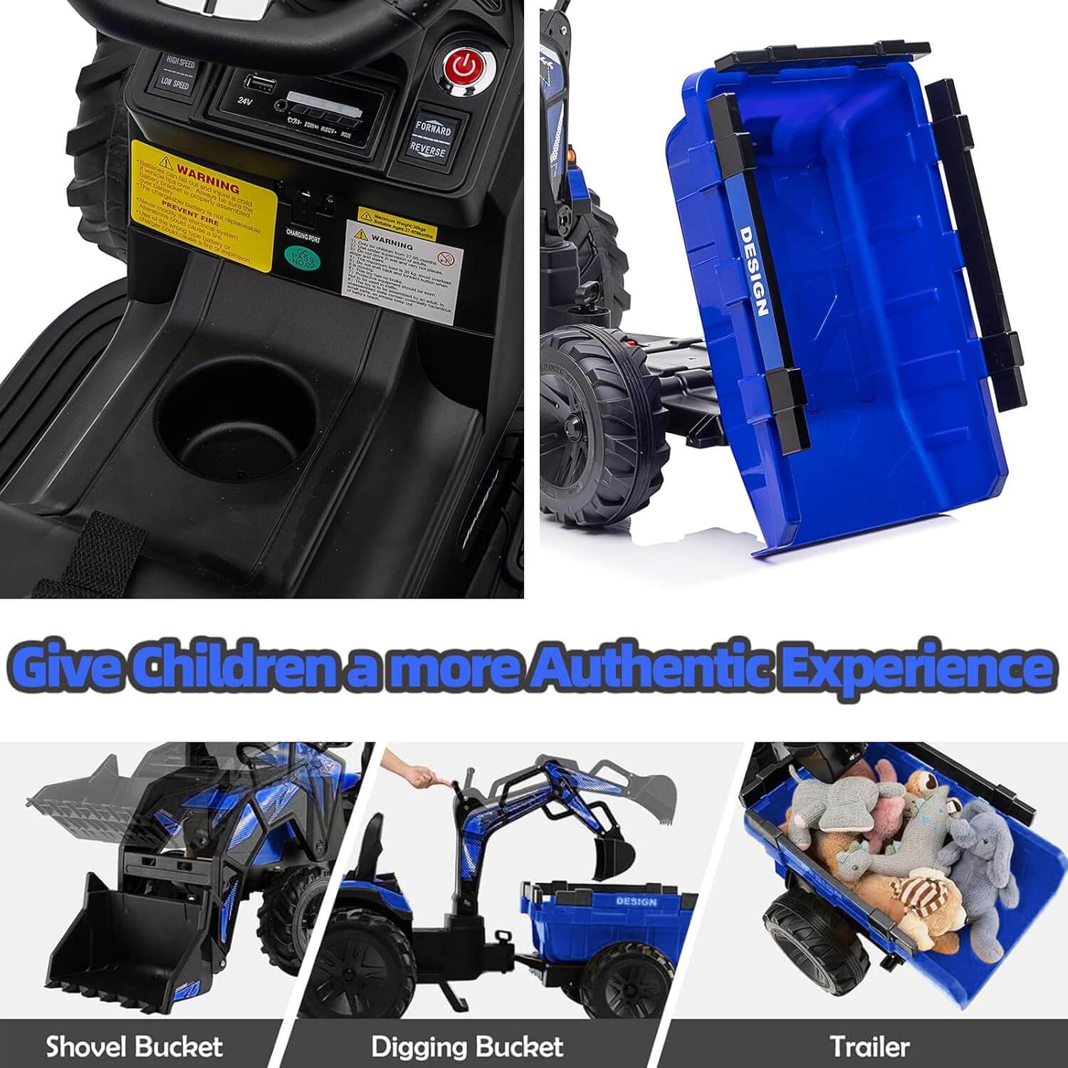 Garvee 3-In-1 24V Kids' Ride-On Excavator Bulldozer Digger with Trailer