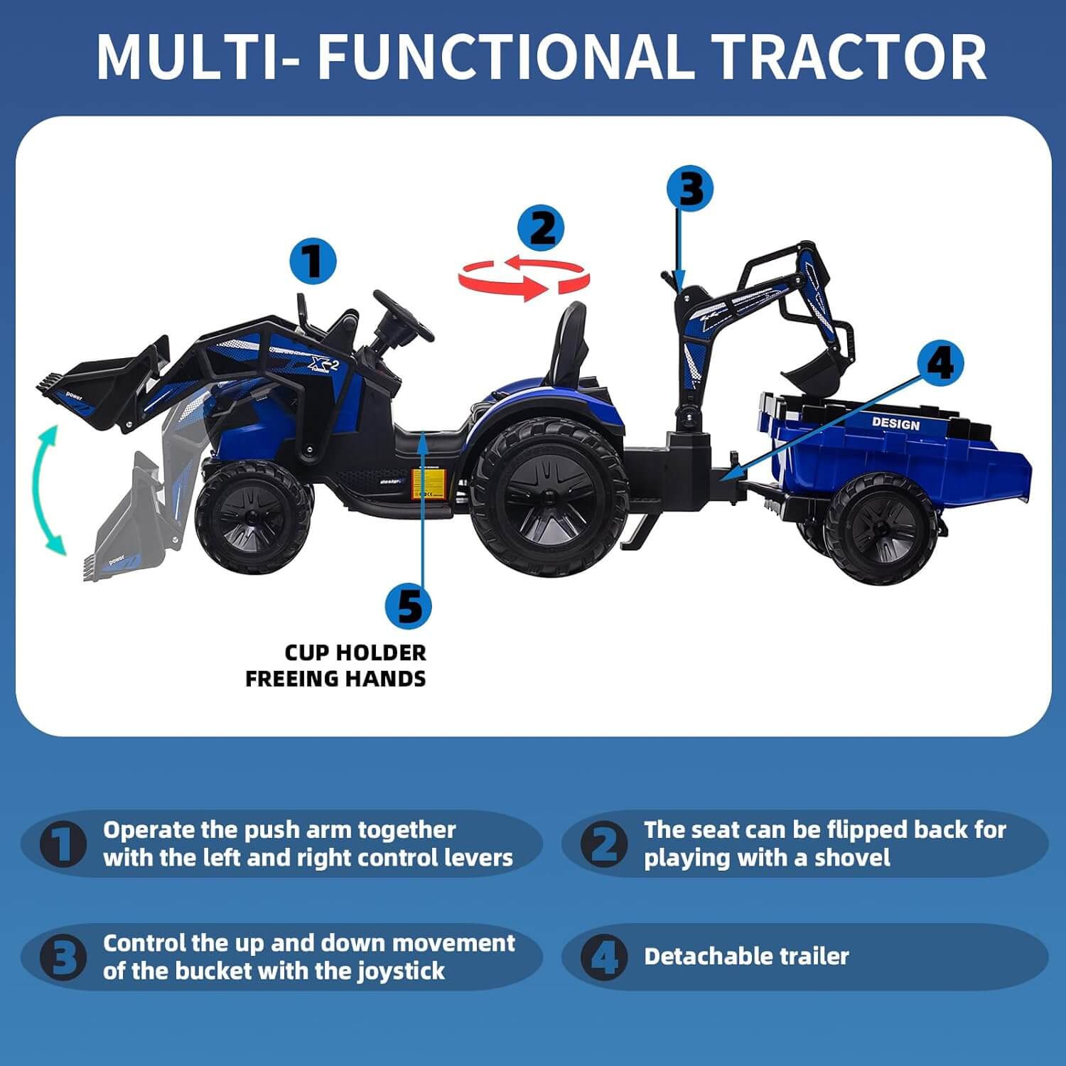 Garvee 3-In-1 24V Kids' Ride-On Excavator Bulldozer Digger with Trailer