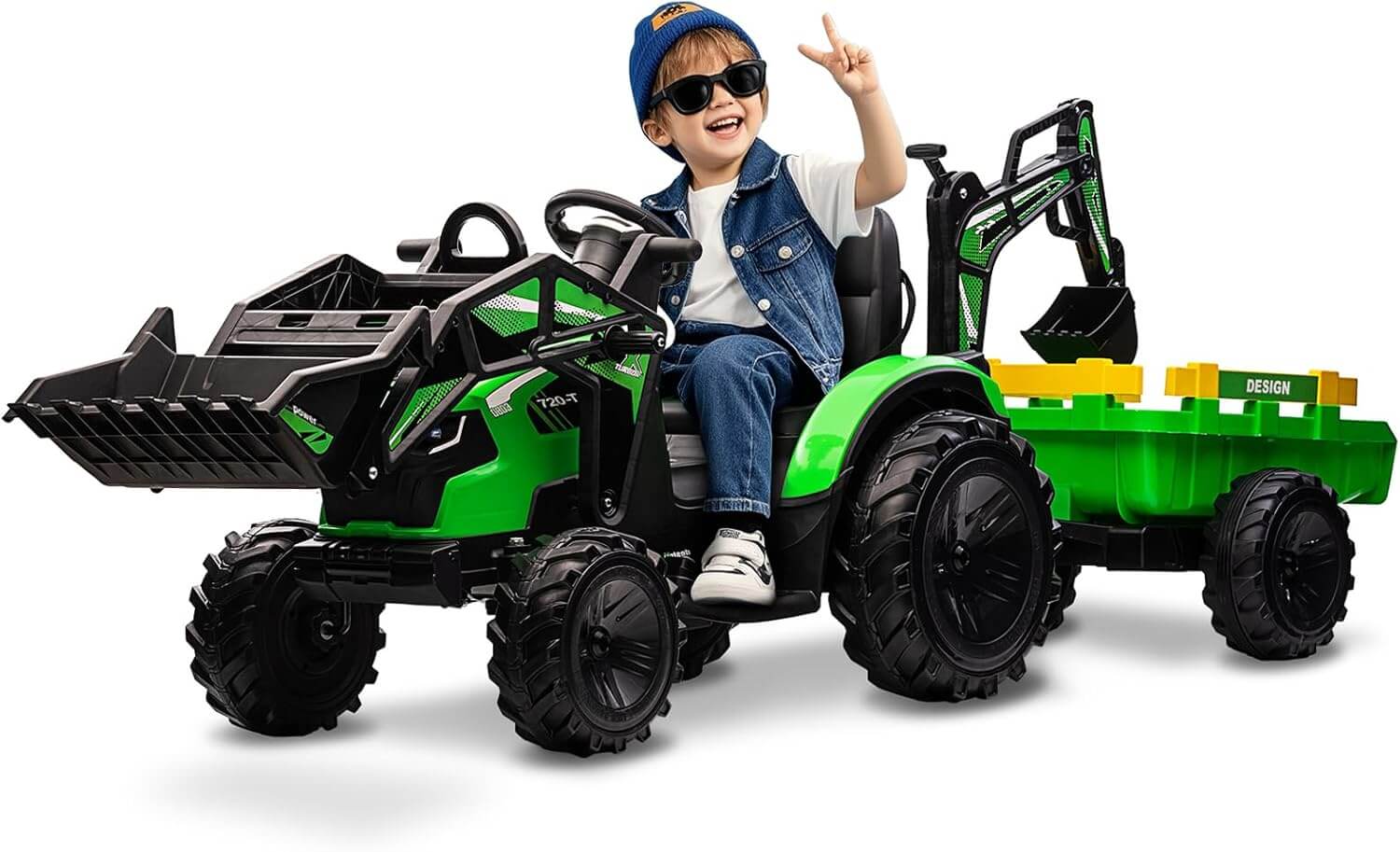 Garvee 3-In-1 24V Kids' Ride-On Excavator Bulldozer Digger with Trailer