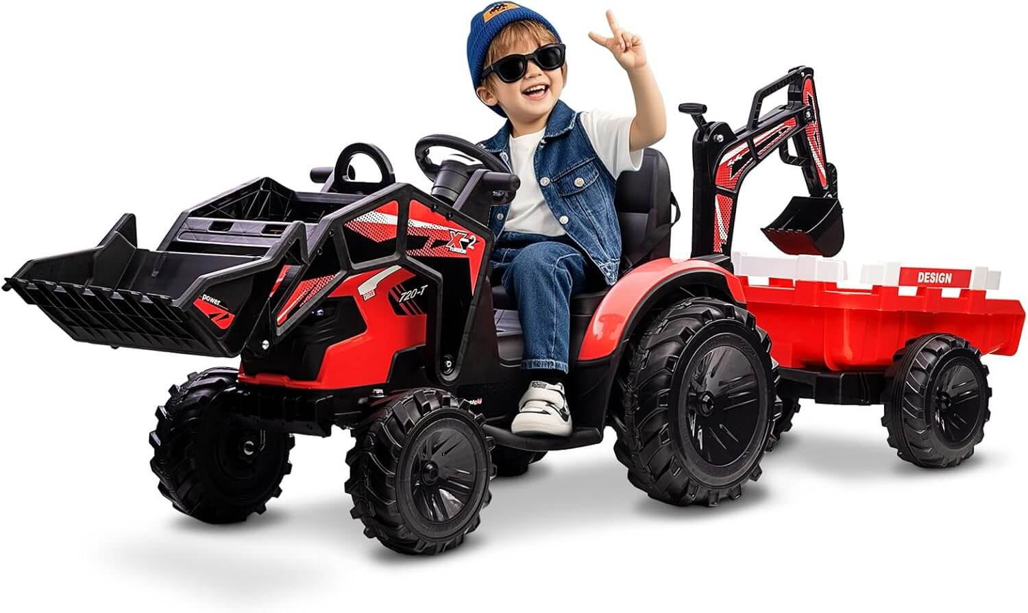 Garvee 3-In-1 24V Kids' Ride-On Excavator Bulldozer Digger with Trailer