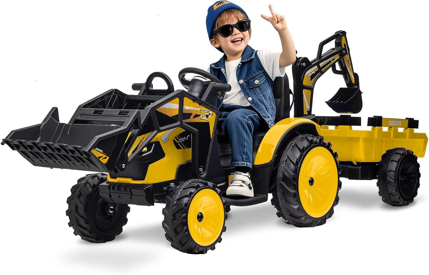 Garvee 3-In-1 24V Kids' Ride-On Excavator Bulldozer Digger with Trailer