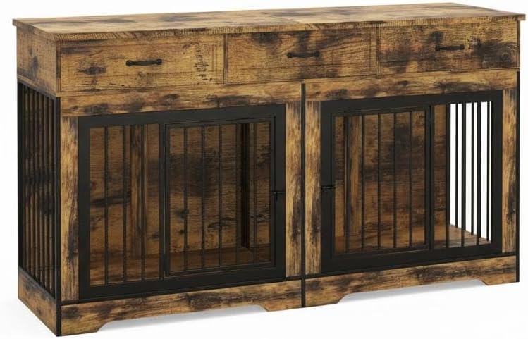 Garvee 71" XL Double Dog Crate Furniture, 3 Drawers