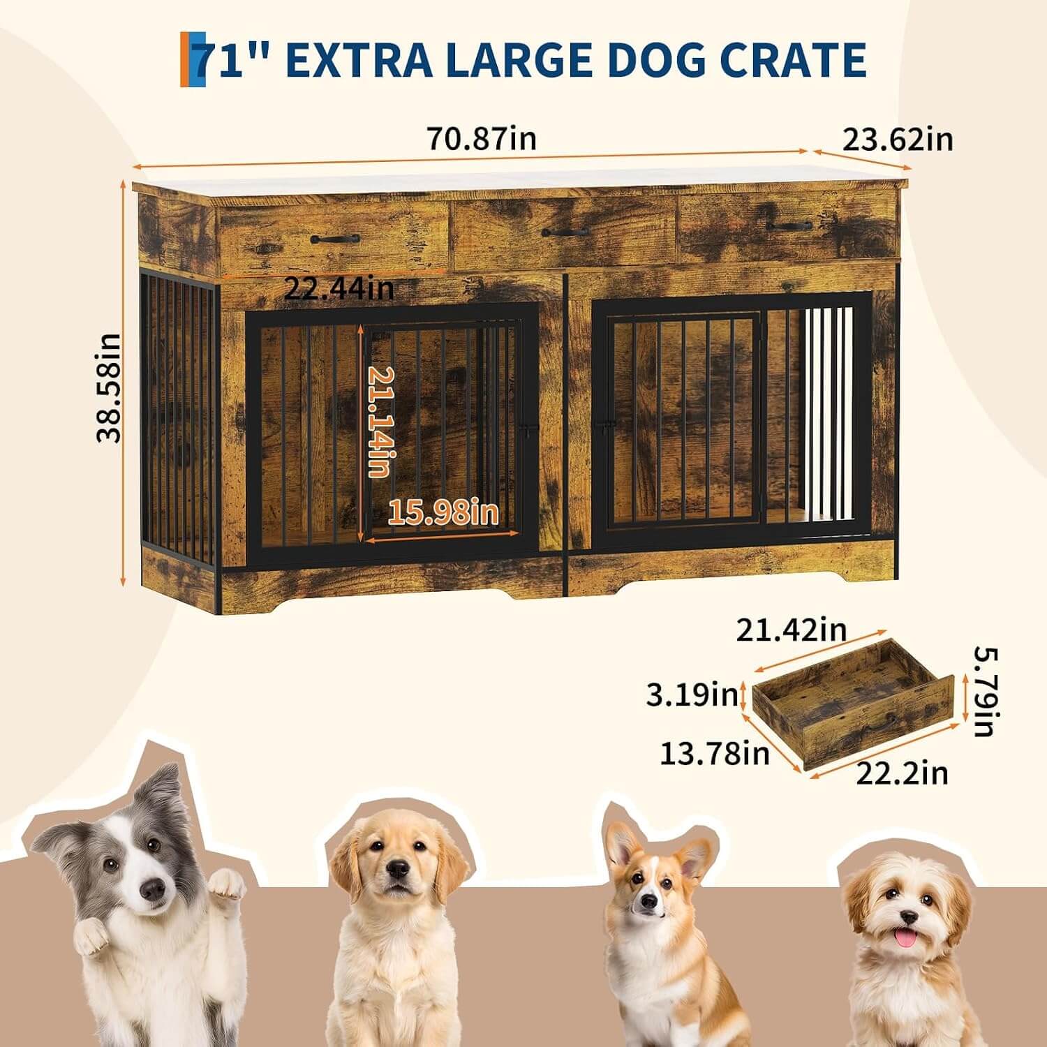 Garvee 71" XL Double Dog Crate Furniture, 3 Drawers