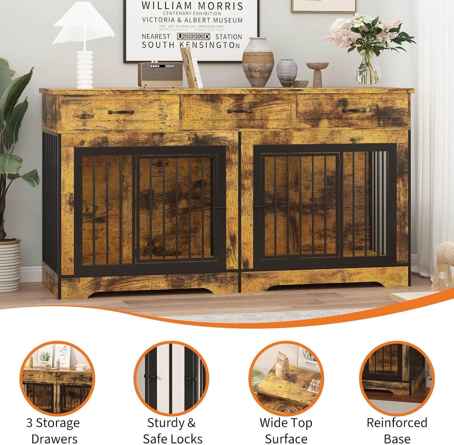 Garvee 71" XL Double Dog Crate Furniture, 3 Drawers