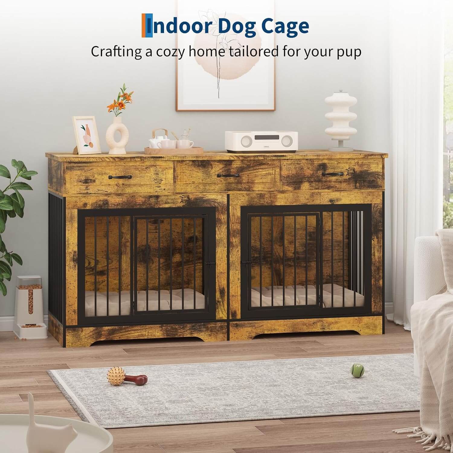 Garvee 71" XL Double Dog Crate Furniture, 3 Drawers