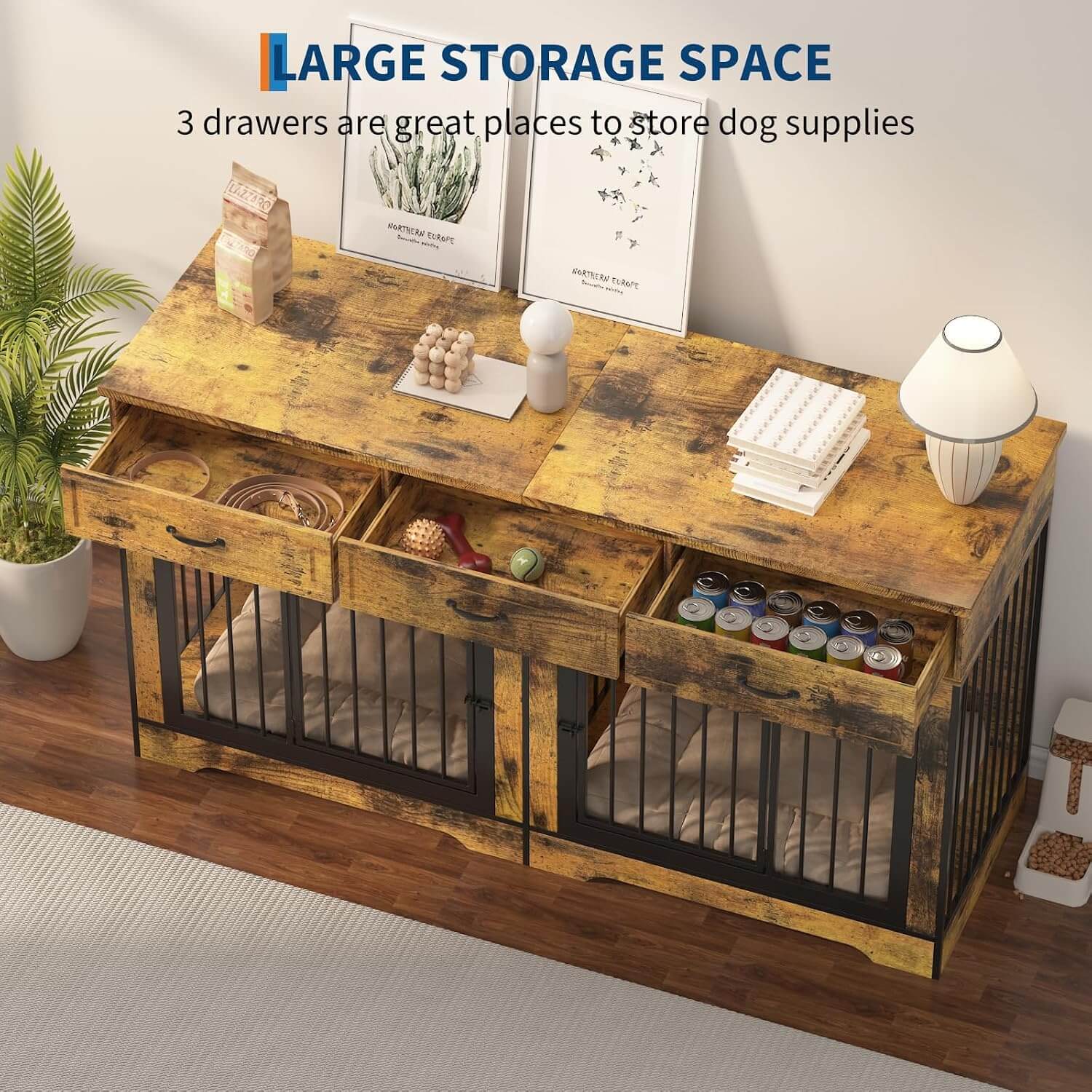 Garvee 71" XL Double Dog Crate Furniture, 3 Drawers