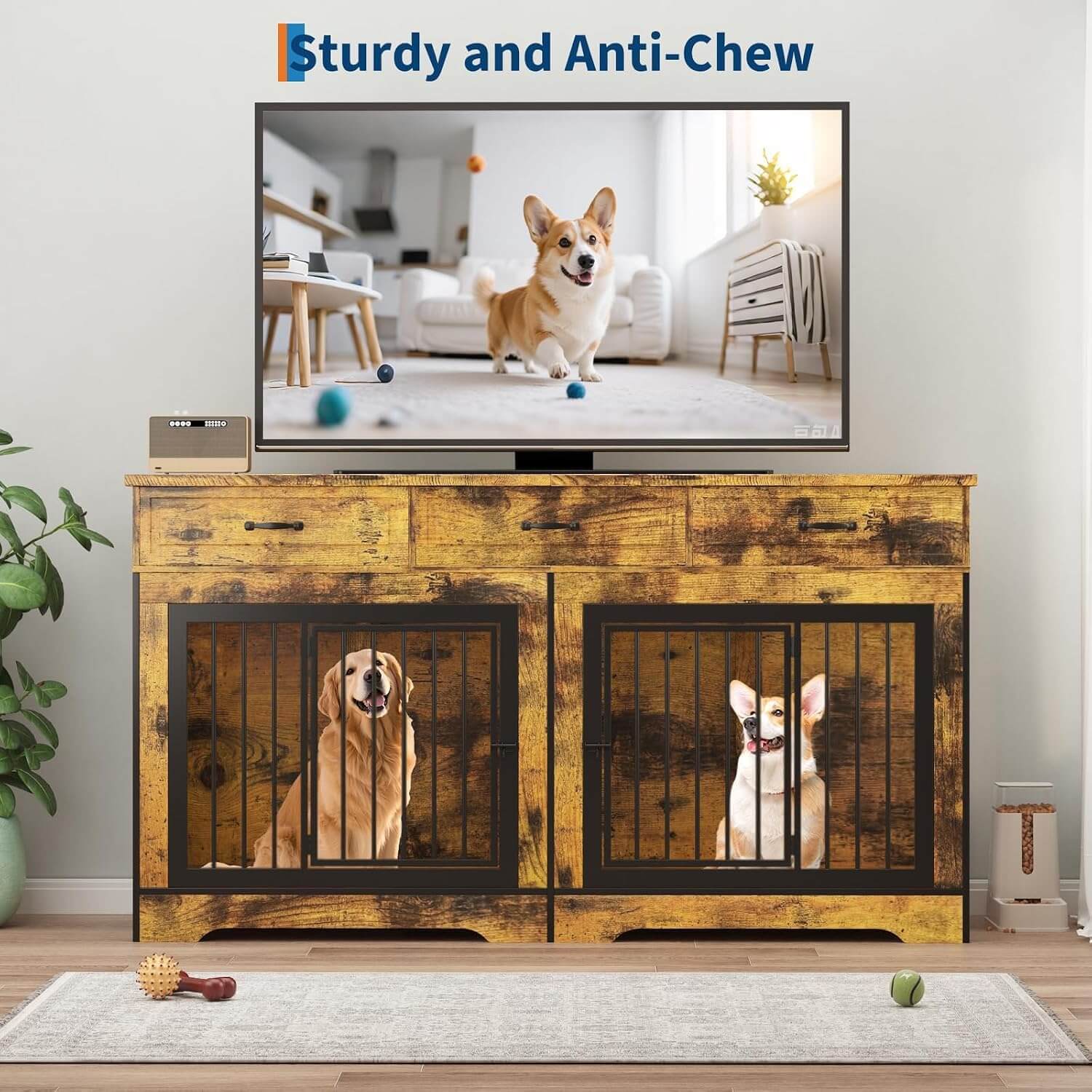 Garvee 71" XL Double Dog Crate Furniture, 3 Drawers